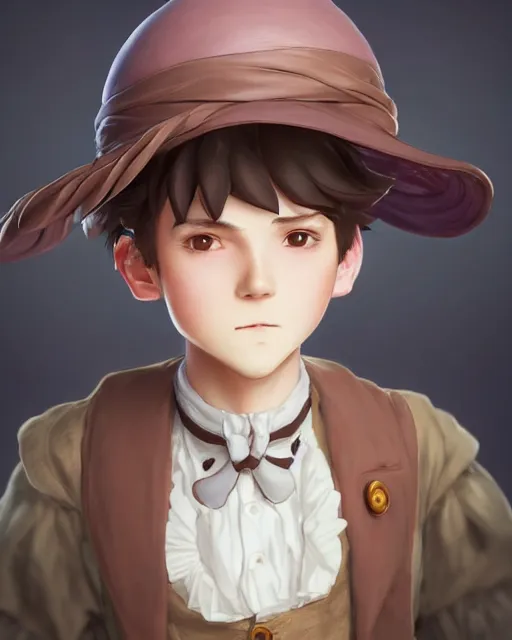 Image similar to a boy as ( fantasy personification of chocolate cupcake ), character design, cute hat, victorian inspired clothing, unreal engine, highly detailed, smooth, digital illustration by artgerm, studio ghibli, sharp focus, artstation. ribbons, fractal swirls. a fantasy bakery background by studio ghibli, makoto shinkai, global illumination, blender, maya 8 k