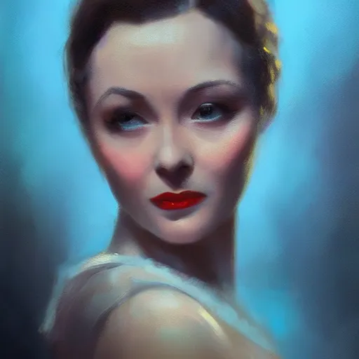 Image similar to a closeup portrait of a young vivian leigh, 1 9 2 0 s, femme fatale, gorgeous view, sunset, film noir, serene, high detail, depth, masterpiece by greg rutkowski, digital art, trending on artstation