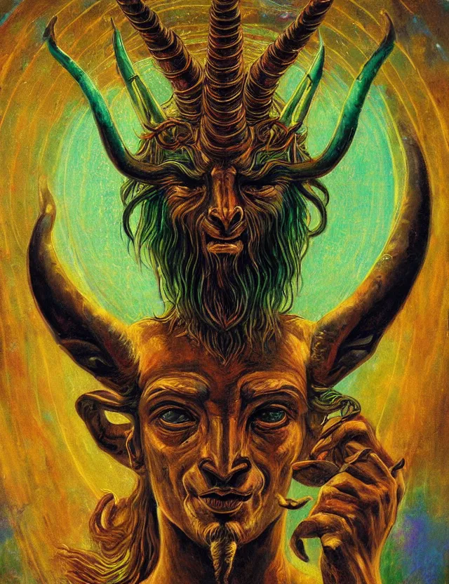 Prompt: the ancient god Baphomet, horned god of wisdom gnostic mystery religion, oil painting (beautiful) by Brom, chromatic aberration strange colors