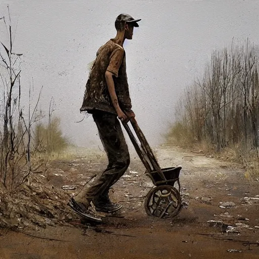 Image similar to painting by jakub rozalski of a child walking with a wheelbarrow in an abandoned post soviet town infested with root monsters