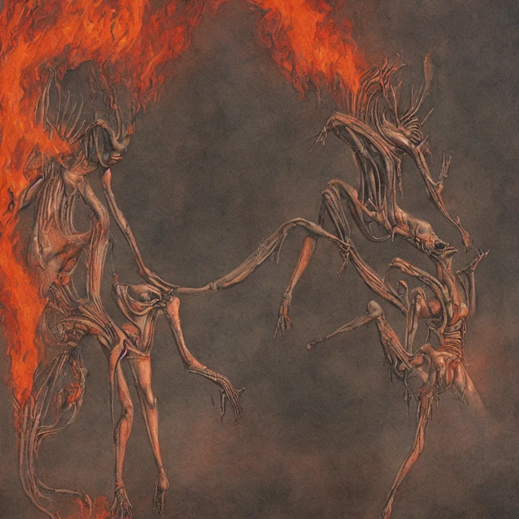 Image similar to a graceful detailed demon ballerina leaving a trail of smoke in a pool of lava by h. r. giger