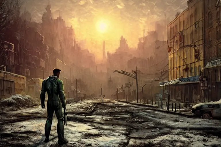 Prompt: fallout 5, jim carrey as protagonist, portrait, outdoors european cityscape, atmospheric lighting, painted, intricate, volumetric lighting, beautiful, daytime, winter, clear weather, mutated wildlife, sharp focus, deep colours, ultra detailed, art by william turner