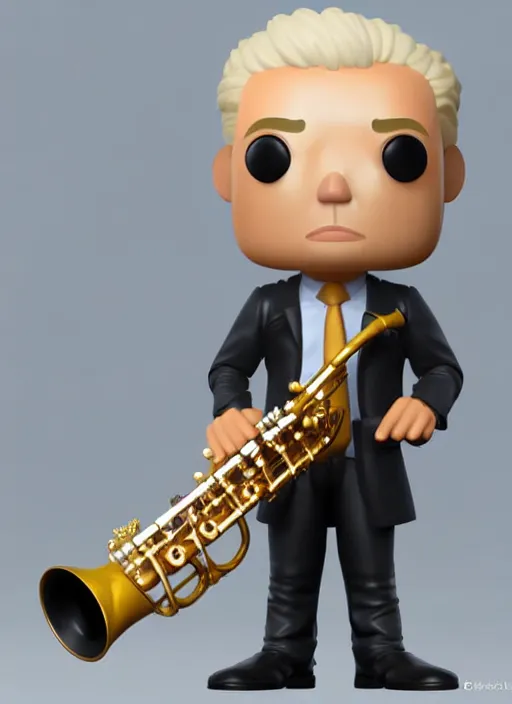 Image similar to full body 3d render of blond futuristic man playing sax as a funko pop!, studio lighting, grey background, single body, no shadow, blender, trending on artstation, 8k, highly detailed