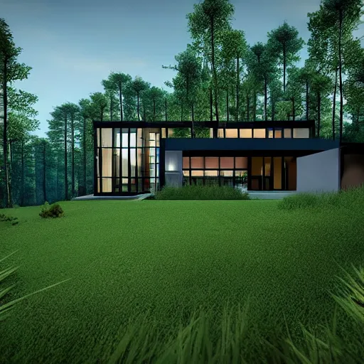Prompt: a clearing in the forest revealing a private, modern home on a hill, garden, long driveway, unreal engine