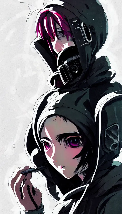 Image similar to cyberpunk anime girl in hoodie, cyberpunk gas mask, 3 / 4 shot, street night, grafity, beautiful face, grafity, arcane, action, tokyo street, detail, good face, pose model, concept art, in style of yoji shinkawa, pan ren wei, col price, atey ghailan, by greg rutkowski, aesthetic