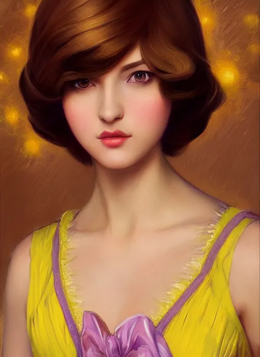 Prompt: princess peach, brown hair, bob cut, yellow highlights, bright purple ball gown, beautiful face, oil on canvas, art station, beautiful brown eyes, by j. c. leyendecker and edmund blair leighton and charlie bowater, beautiful face, octane, very aesthetic, stunning beautiful brown eyes