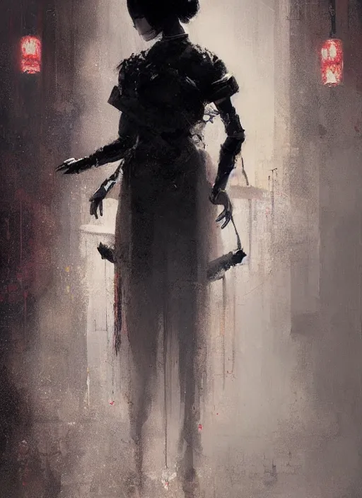 Prompt: female geisha robot, rule of thirds, intricate outfit, spotlight, by greg rutkowski, by jeremy mann, digital painting