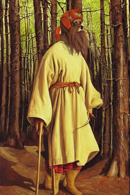 Image similar to slavic dog head man, woolen torso in medieval clothes, walking in the forest, orthodox, oil painting, concept art, hyperrealism, beautiful, high resolution, trending on artstation, by annie swynnerton and nicholas roerich, embroidered robes, elaborate costume,