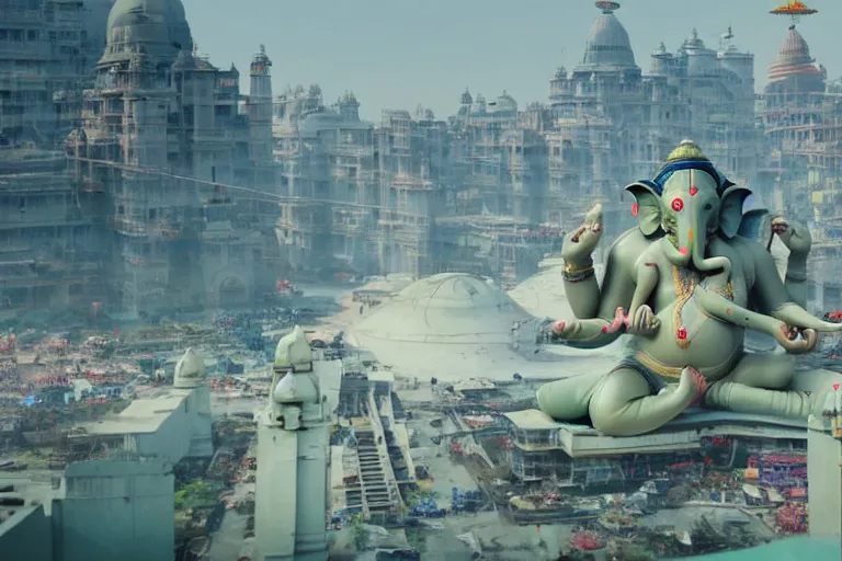 Image similar to beautiful futuristic new delhi, sci - fi ganesha!! building, kalighat flowers, octane highly detailed cinematic, stephen shore & john j. park, soft morning light, wide shot, aerial shot, uhd 8 k, shallow depth of field