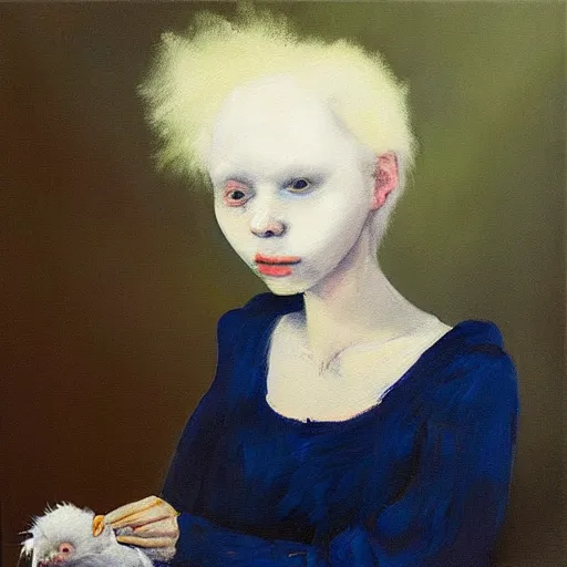 Prompt: “ a modern blue haired girl holding an albino rat, portrait, oil painting, dark background, style of rembrandt ”