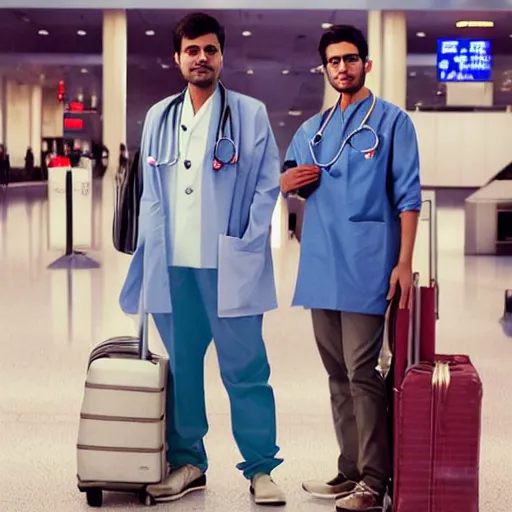 Prompt: Anxious good looking young Indian doctors in American clothes waiting at an airport, by Feng Zhu, highly detailed, excellent composition, cinematic concept art, dramatic lighting, trending on ArtStation