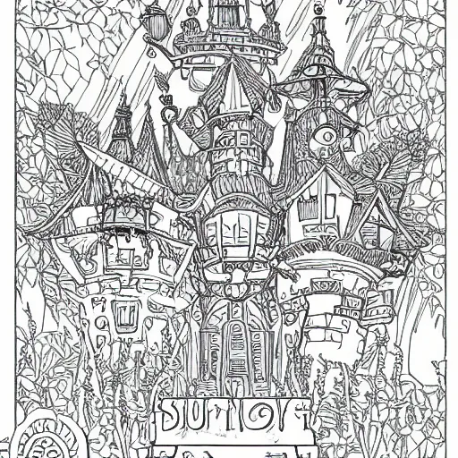 Prompt: adult coloring page of a fantasy adventure by Studio Ghibli