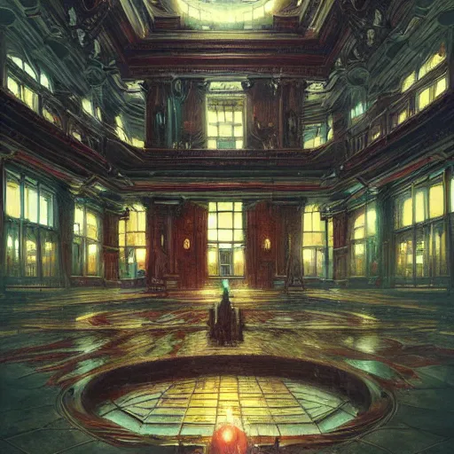 Image similar to eldritch legislature, fantasy, realistic colorful photography, interior, hyperrealism, incredible, award - winning photography, regal, rich colors, by greg rutkowski, lovecraftian