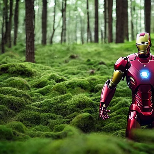 Image similar to abandoned iron man suit in the middle of the forest, overgrown by moss, 4k realistic photo