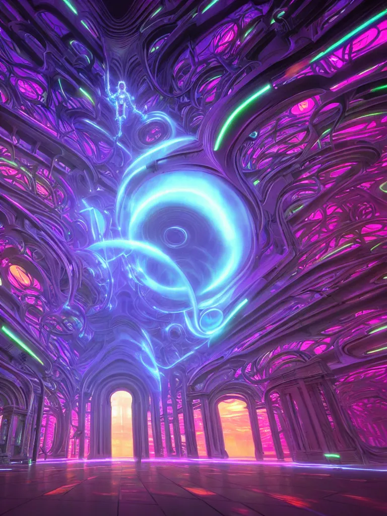 Image similar to entrance to matrix ethereal realm, ai sentient, rendered in unreal engine, central composition, symmetrical composition, dreamy colorful cyberpunk colors, 6 point perspective, fantasy landscape with anthropomorphic terrain in the styles of igor morski, jim warren and rob gonsalves, intricate, hyperrealistic, volumetric lighting, neon ambiance, distinct horizon