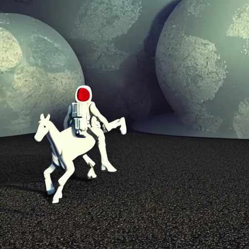 Image similar to an astronaut standing on the ground and a small trippy aggressive centaur standing on that poor human being standing on all fours astronaut, really trying to ride it, the horse is on his shoulders and grabbing them, the astronaut is holding the legs with his arms, minimalist style, 3 d render, isometry