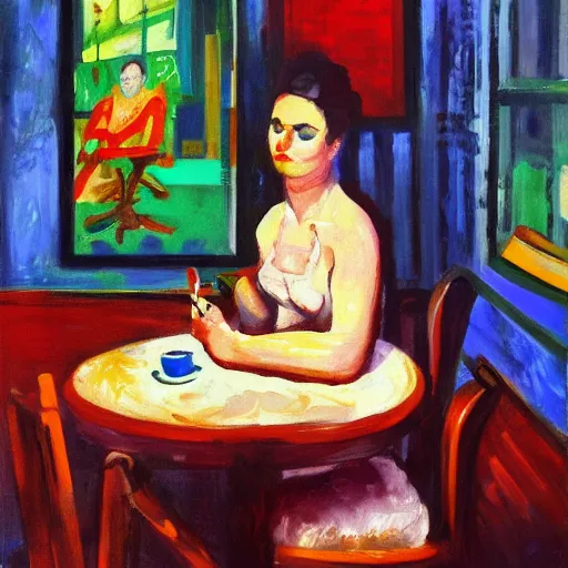 Prompt: a painting of a woman sitting at a table, a digital painting by isaac soyer, pixiv contest winner, american scene painting, digital illustration, digital painting, fauvism