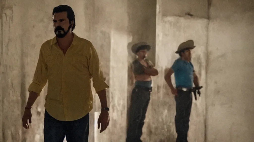 Image similar to A still of El Mencho from the Narcos: Mexico TV show, yellow lighting