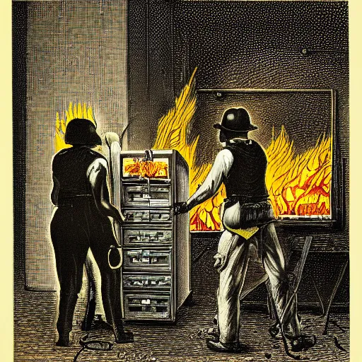 Prompt: Luddites set the server room on fire, lithograph