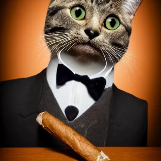 Image similar to cat wearing a suit smoking a cigar