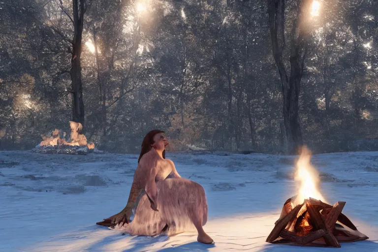 Image similar to a beautiful woman made out of crystal ice sitting by a campfire and slowly melting, by iris van herpen, unreal engine 5, volumetric lighting, path tracing, outdoor campfire pit