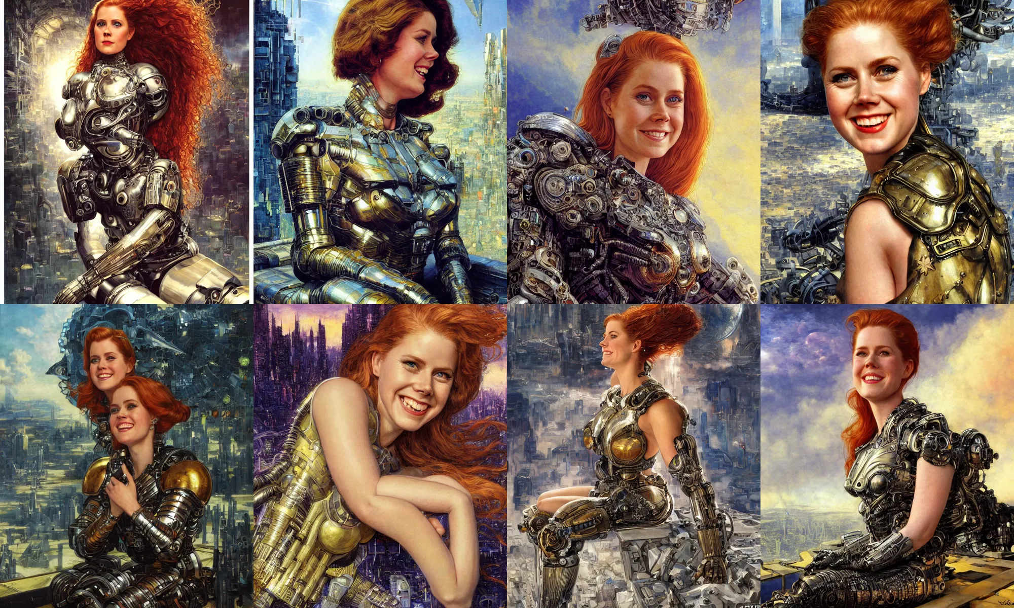 Image similar to close - up portrait of epic young amy adams smiling into camera, intricate cyborg armor, sitting on a bench, vista of futuristic city, windy, golden hour, wlop, by gerald brom, by mikhail vrubel, by peter elson, extreme detail, trending on artstation