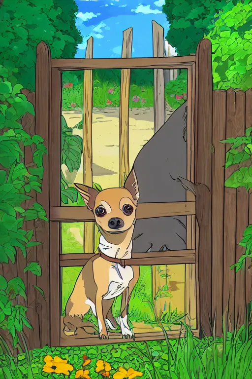 Image similar to A chihuahua looks through her garden gate, cel shaded cartoon in the style of studio Ghibli, sunny morning, cinematic lighting, summer