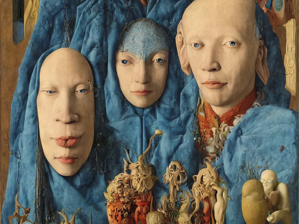 Image similar to portrait of albino mystic with blue eyes, with beautiful exotic, archaic, prehistoric, Balinese mask, sculpture. Painting by Jan van Eyck, Audubon, Rene Magritte, Agnes Pelton, Max Ernst, Walton Ford