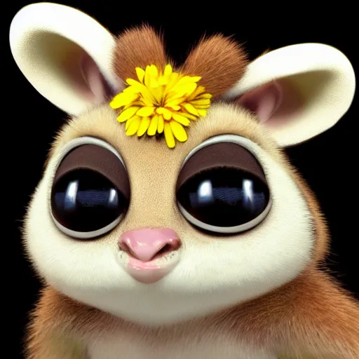 Prompt: character portrait, marsupial with big oval eyes, small pointed nose, bushy eyebrows, ears like flowers, and a square mouth, award winning art, octane engine, artstation, 4 k hd masterpiece, extreme photo realism