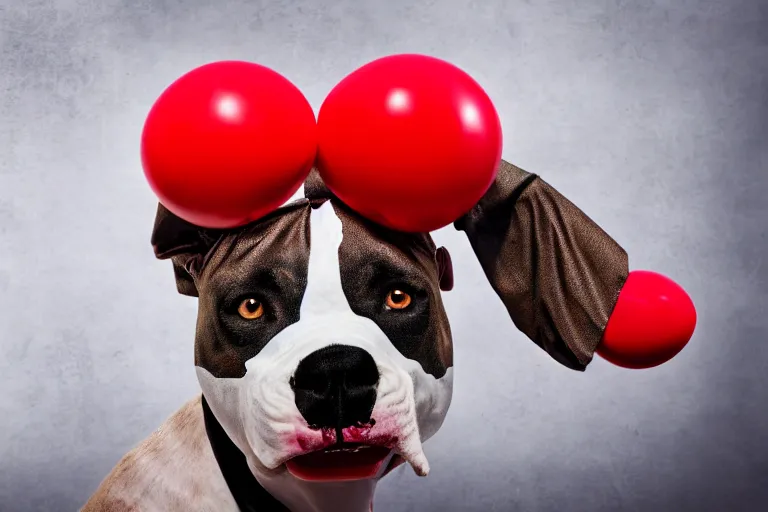 Image similar to a snarling pit bull wearing a clown mask and a red rubber nose, 4 k, hdr color