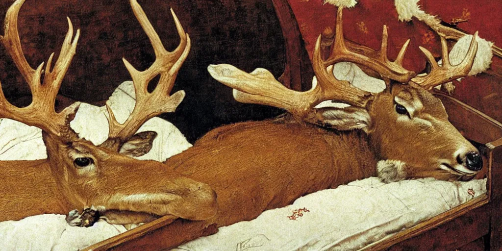 Prompt: deer with antlers sleeping on a cot, norman rockwell