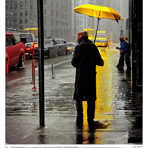 Prompt: portrait of a man fishing in a rainy new york street, photograph, magazine, press, photo