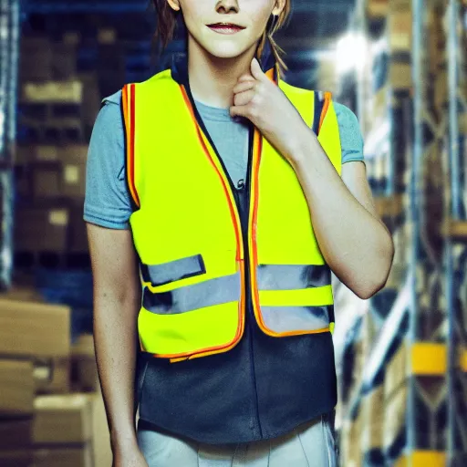 Prompt: photo, close up, emma watson in a hi vis vest, in warehouse, android cameraphone, 2 6 mm, low resolution,