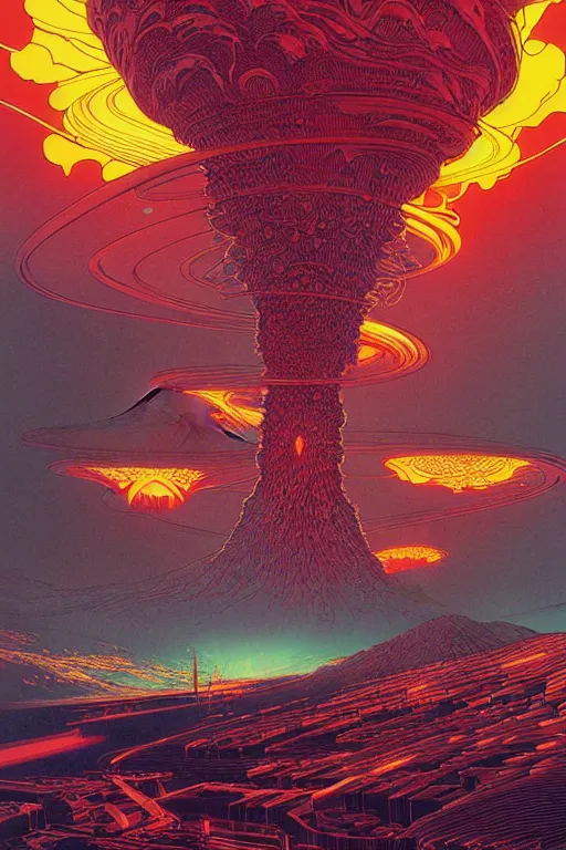 Image similar to artwork by kilian eng and toshi yoshida and franklin booth showing a futuristic powerstation!! in front of a ( ( exploding volcano ) ), vintage scifi, high details, dramatic lightning,, 8 k