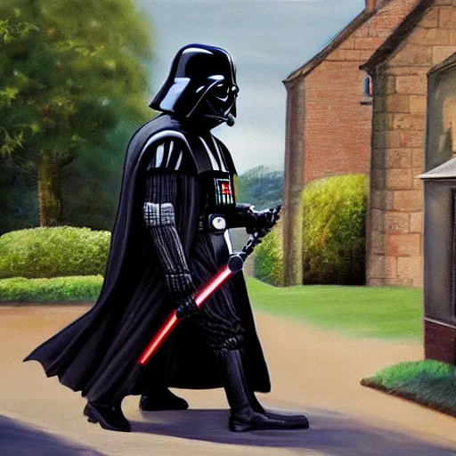 Prompt: a painting of darth vader leaving a church in a a quaint english village