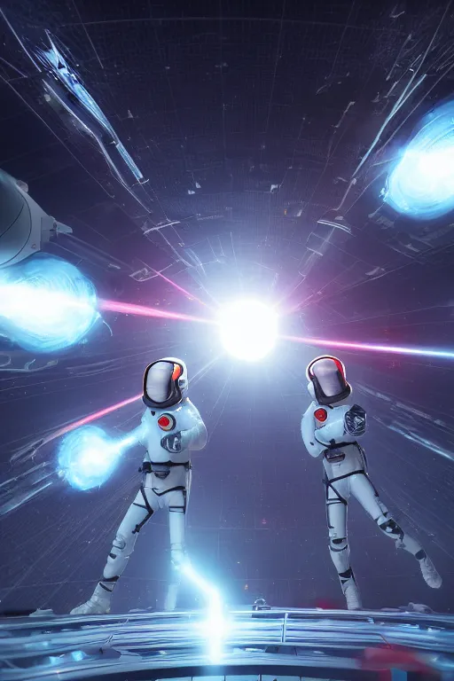 Prompt: wide view of futuristic spacemen firing lasers in zero gravity, floating, in the sky, bright white light, hiding behind obstacles, surrounded by a square laser grid, unreal engine, lensflares, low perspective, fish eye