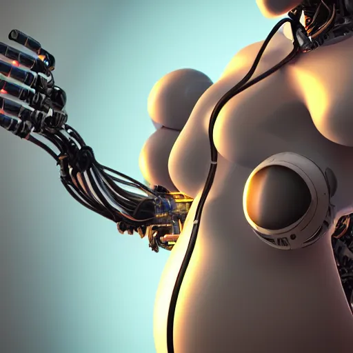 Image similar to pregnant female cyborg, robot anatomy elements, female body elements, cozy atmospheric and cinematic lighting, ultra rendered extreme realism and detail, 8 k, photorealistic, sharp focus