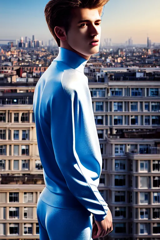 Image similar to un ultra high definition studio quality photographic art portrait of a young man standing on the rooftop of a british apartment building wearing soft padded silver pearlescent clothing. three point light. extremely detailed. golden ratio, ray tracing, volumetric light, shallow depth of field. set dressed.