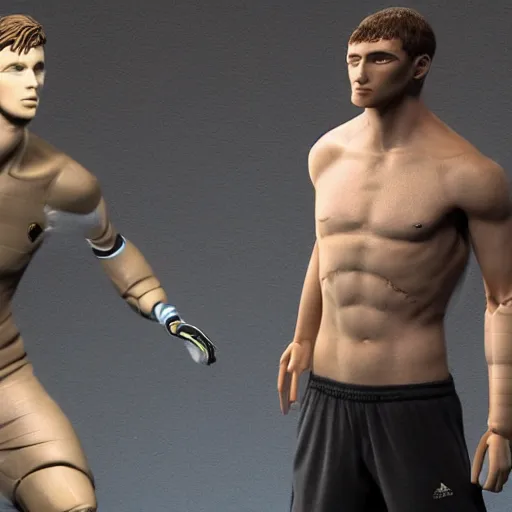 Image similar to a realistic detailed photo of a guy who is an attractive humanoid who is half robot and half humanoid, who is a male android, attractive and handsome soccer players, shiny skin, posing like a statue, blank stare, in a factory, on display, showing off his muscles, wearing soccer shorts, side view, looking at each other mindlessly