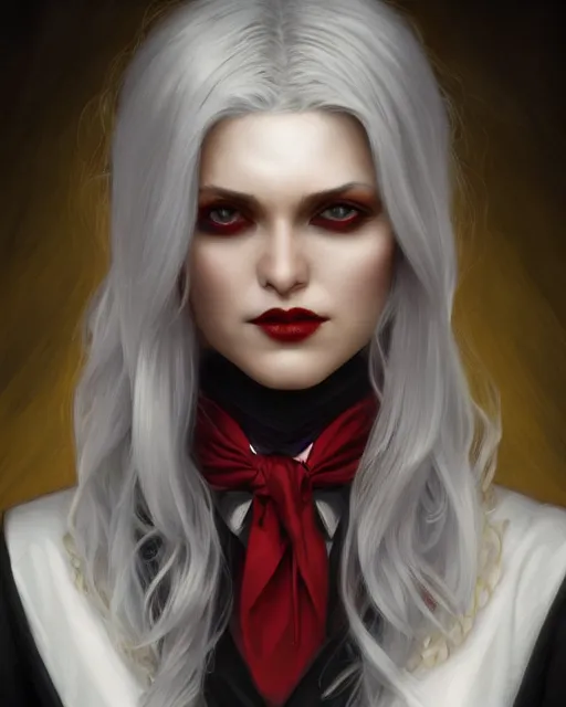 Image similar to female vampire, perfect face, gold waistcoat, long grey hair, red necktie, cinematic, stunning, highly detailed, digital painting, artstation, smooth, hard focus, illustration, art by artgerm and greg rutkowski and alphonse mucha