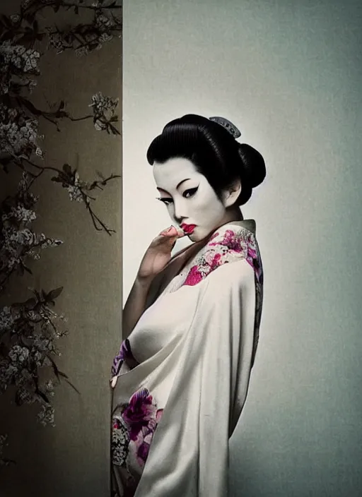 Prompt: pretty seductive geisha with a slit in her kimono revealing a glimpse of her bare shoulder, epic character composition, by Afarin Sajedi, Alessio Albi, Nina Masic, trending on instagram, great coherency, soft focus, vertical portrait, natural lighting, f2, 50mm, hasselblad, classic chrome, film grain, cinematic lighting, ISO 200, 1/160s, 8K, RAW, unedited, symmetrical balance, in-frame, trending on Artstation