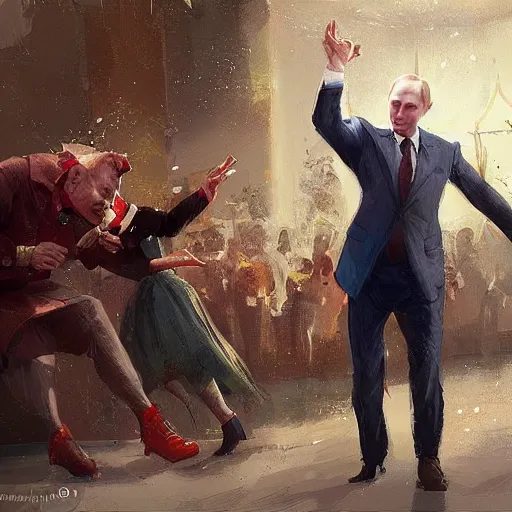 Image similar to putin wearing an funny clothes and dancing by greg rutkowski