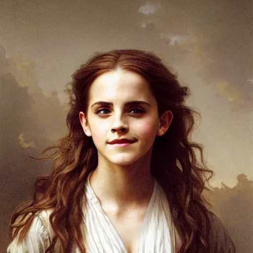 Image similar to painting of emma watson as hermione granger. smiling. happy. cheerful. art by william adolphe bouguereau. extremely detailed. beautiful. 8 k. award winning.