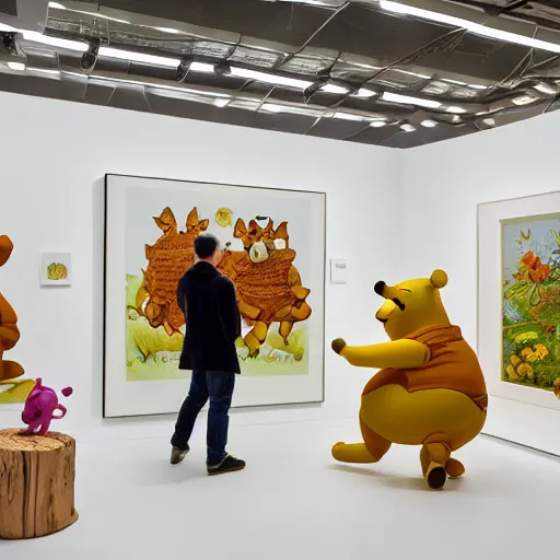 Prompt: winnie the pooh and Piglet visit a gallery, exhibition about honey, paintings of honey, sculptures of bees, plinths made of wood, white gallery, contemporary art, photorealistic