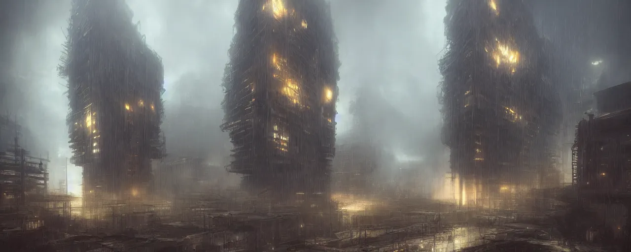 Prompt: brutalist architecture, steampunk, metal, concrete, mist, rain, night, dramatic lighting, lightning bolt, trending on Artstation, 8k, highly realistic, hyper detailed, unreal engine 5, IMAX quality, photorealistic, cinematic, epic lighting, in the style of Peter Mohrbacher and Peter Gric