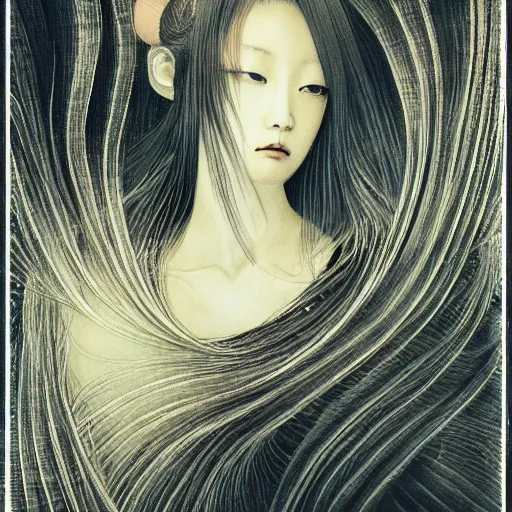 Image similar to yoshitaka amano blurred and dreamy illustration of a japanese woman with black eyes, wavy white hair fluttering in the wind wearing elden ring armor with engraving, abstract patterns in the background, noisy film grain effect, highly detailed, renaissance oil painting, weird portrait angle, blurred lost edges, three quarter view