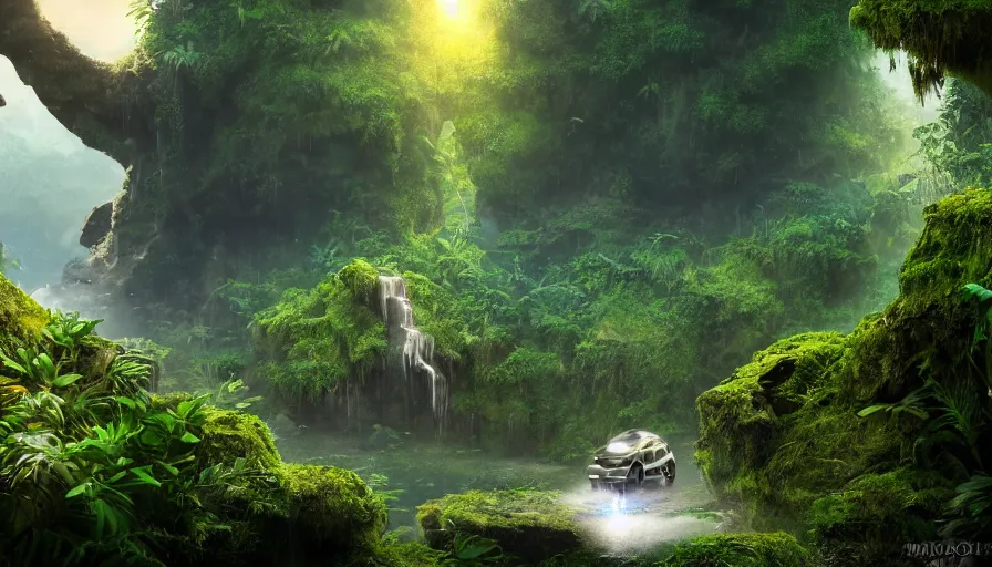 Image similar to a distant scifi flying car floating in a prehistoric jungle cave, lush flora, waterfall, sunset, hazy, volumetric lighting, rtx on, photorealistic render, great composition, very detailed