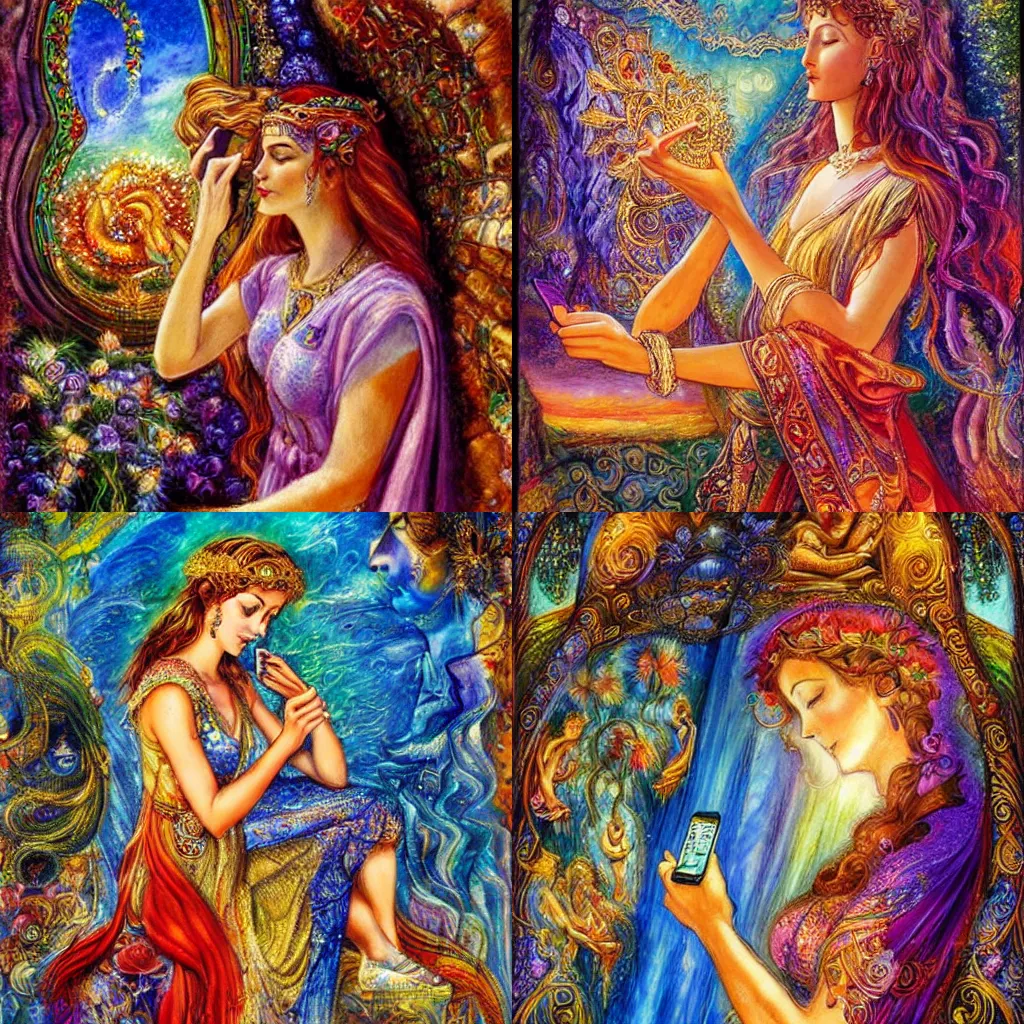 Image similar to goddess checking her phone, by josephine wall