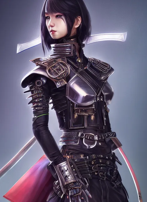 Prompt: portrait of a mix between technomancer and samurai, female, shiny robots and odachi, leather coat, high fantasy, dnd, face details, extremely detailed, smooth, sharp focus, digital illustration, by artgem, rossdraws, sakimichan