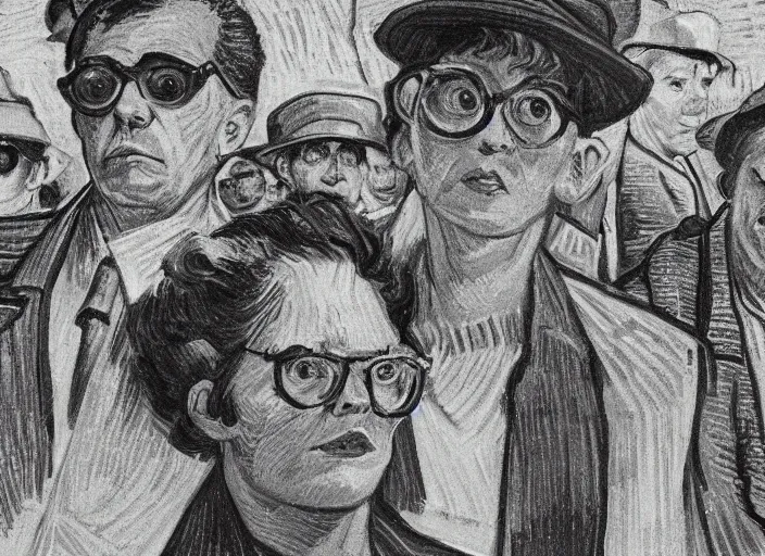 Prompt: cinematic mid shot of a high detail, vivian dorothy maier, with round glasses. where's wally, line drawing by van gogh